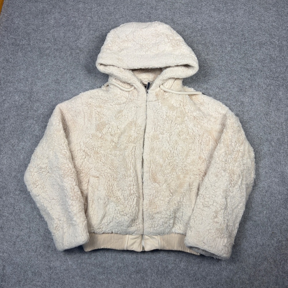 Zara Cream Faux Fur Teddy Hooded Jacket Zip Up Bomber Ivory XS
